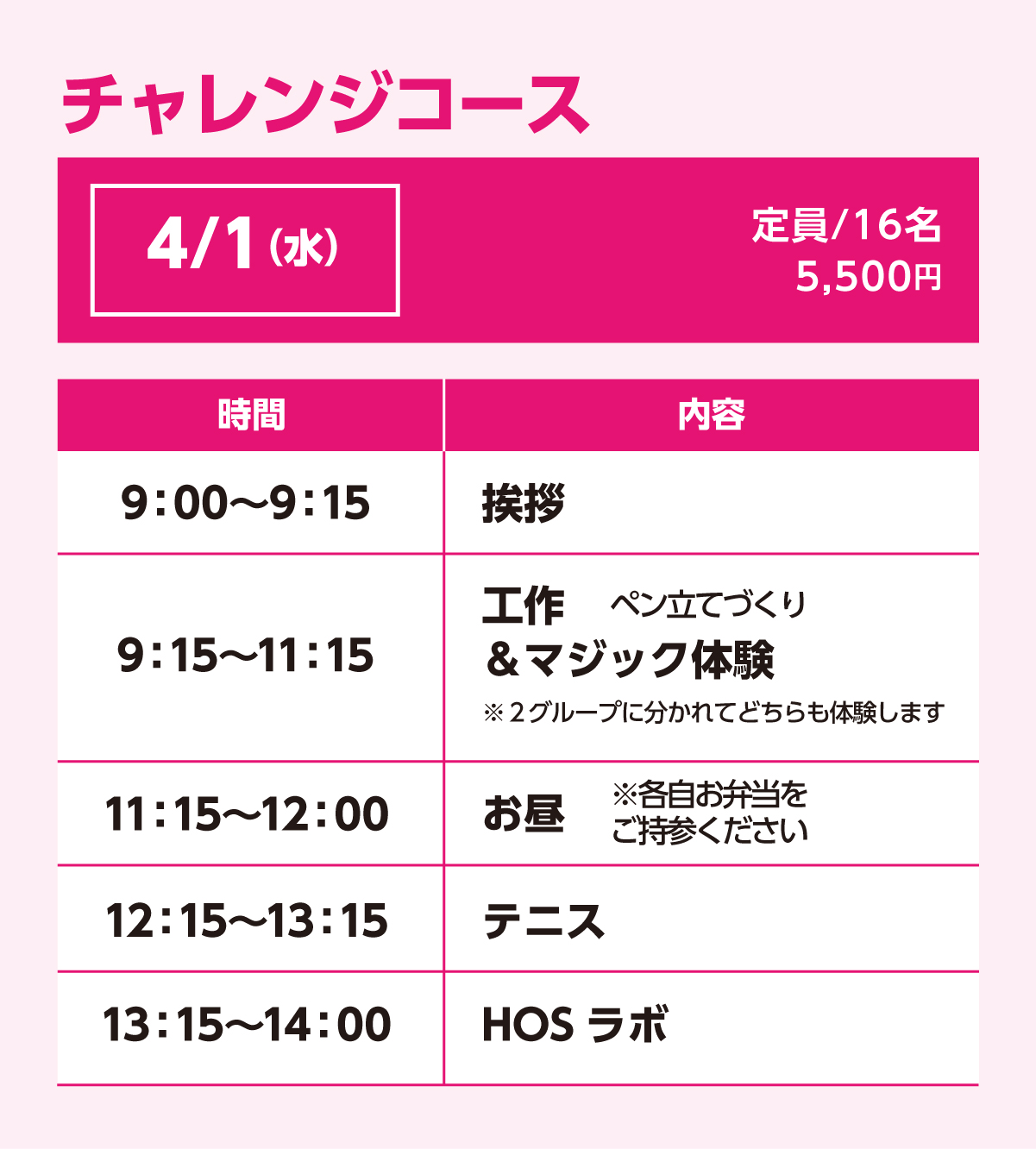 チャレンジコース4/1(水)スケジュール